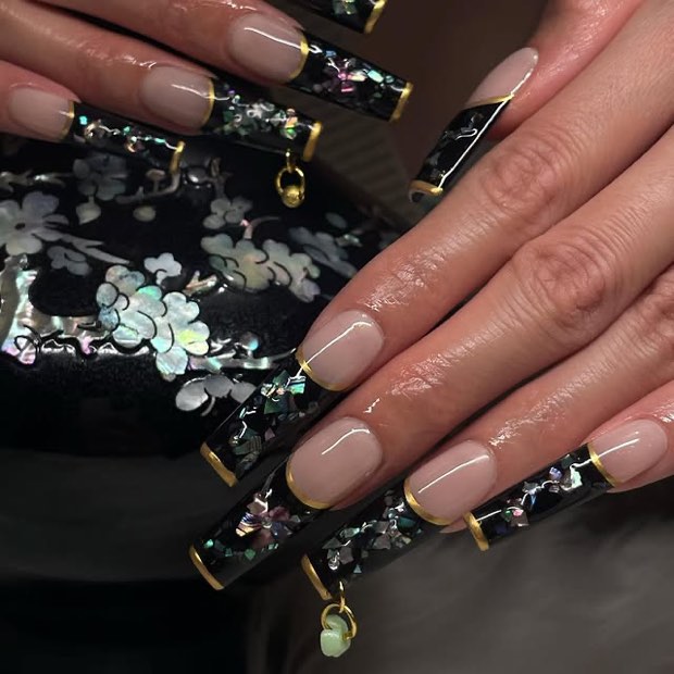 Lunar new year freestyle: black tips with pearl floral inlay and gold charms